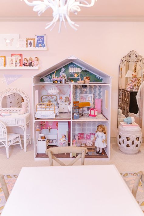 American Girl Dollhouse | Chronicles of Frivolity American Girl Doll House Ikea, American Girl Organization Ideas, American Girl Organization, American Girl Doll Organization, American Doll Storage Ideas, Diy American Girl Doll House, American Girl Doll Storage, American Girl Storage, American Doll House