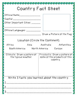 A fact sheet that can be used as students research countries of the world. Includes space for students to write the official name, capital, important cities, official languages, flag, climate, products, and three facts. Country Fact Sheet, Activity Binder, Country Report, Geography Activities, 4th Grade Social Studies, Creative Teaching Press, Homeschool Geography, Country Facts, Social Studies Worksheets