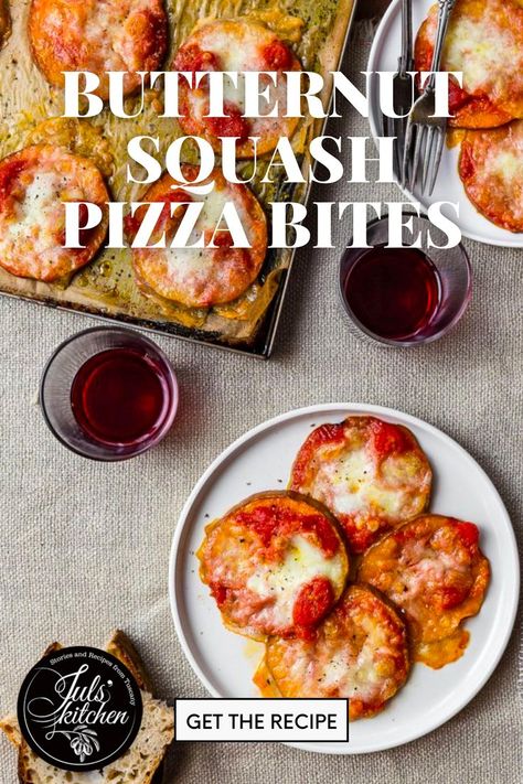 A dish of pizza bites and glasses of wine on a table with text "Butternut Squash Pizza Bites Get the Recipe." Mozzarella And Tomato, Butternut Squash Pizza, Squash Pizza, Baked Butternut Squash, Winter Comfort Food, Pizza Bites, Winter Dinner, Roasted Butternut, Roasted Butternut Squash