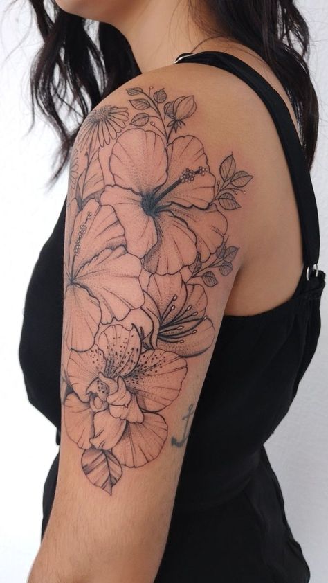 Shoulder Tattoos For Women Hibiscus, Hibiscus Flower Arm Tattoo, Hawaiian Flower Shoulder Tattoo, Hibiscus Tattoo On Shoulder, Hawaiian Flower Tattoos On Shoulder, Flower Shoulder Sleeve Tattoo, Hibiscus Flower Tattoos On Thigh, Tropical Flower Shoulder Tattoos For Women, Hibiscus Sleeve Tattoo For Women