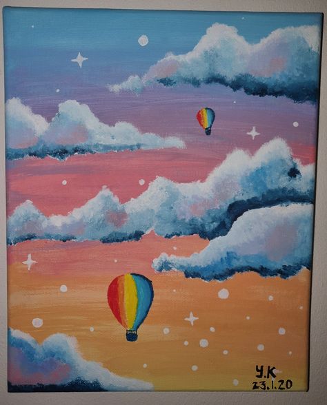 Hot Air Balloon Painting Easy, Hot Air Balloon Painting, Air Balloon Painting, Cute Easy Paintings, Painting Sky, Aesthetic Cover, Balloon Painting, Simple Canvas Paintings, Painting Easy