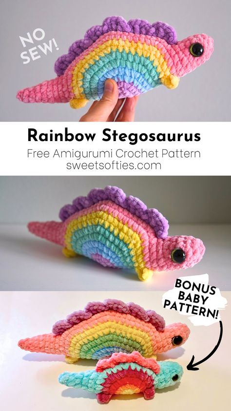 Rainbow Stegosaurus · Free No-Sew Amigurumi Crochet Pattern - Sweet Softies Superfine Yarn Crochet Patterns Free, Stegosaurus Crochet Pattern Free, Quick Crochet Toys, Plush Yarn Crochet Patterns Free, Crochet Patterns Gift Ideas, Rainbow Yarn Crochet Ideas, Free Crochet Unicorn Pattern, No Sew Crochet Amigurumi Free Patterns, No Sew Free Crochet Pattern