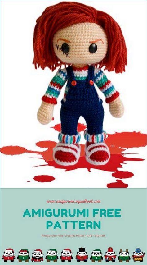 Chucky Amigurumi, Chucky Doll, Doll Carrier, Crochet Disney, Halloween Crochet Patterns, Crochet Amigurumi Free Patterns, Crochet Amigurumi Free, Red Yarn, Yarn Tail