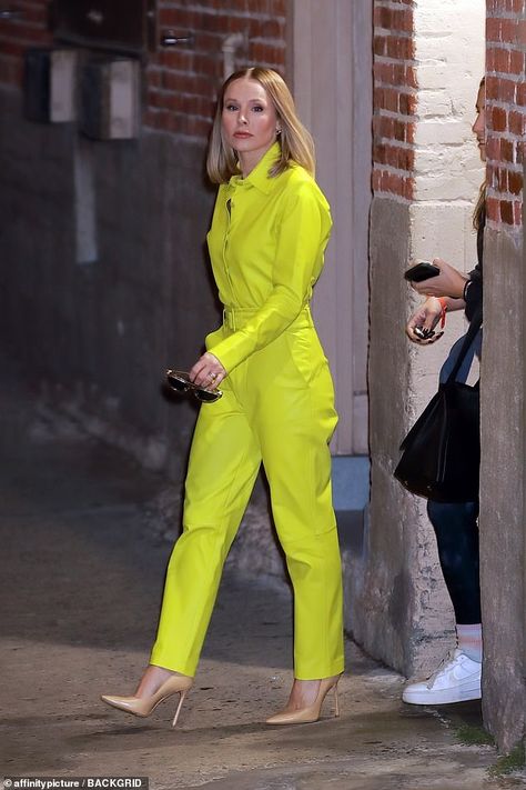 Kristen Bell shows off her figure in a pair of neon yellow leather trousers and shirt worth $2,587 | Daily Mail Online Neon Yellow Shirt Outfit, Neon Yellow Fashion, Neon Fashion Outfit, Neon Yellow Outfit, Yellow And Black Outfit, Blue Jumpsuits Outfit, Outfit In New York, Trousers And Shirt, Neon Yellow Dress