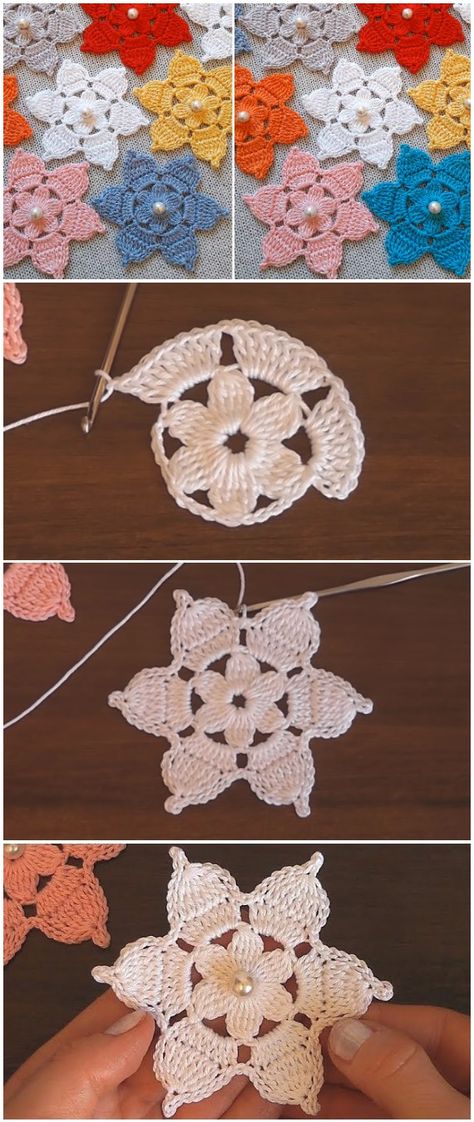 Crochet 6 Petal Flowers With Pearls Flowers With Pearls, Crocheted Flowers, Petal Flower, Crochet Flower Tutorial, Crochet Mandala, Crochet Motifs, Ideas Crochet, Crochet Flower Patterns, Afghan Crochet Patterns