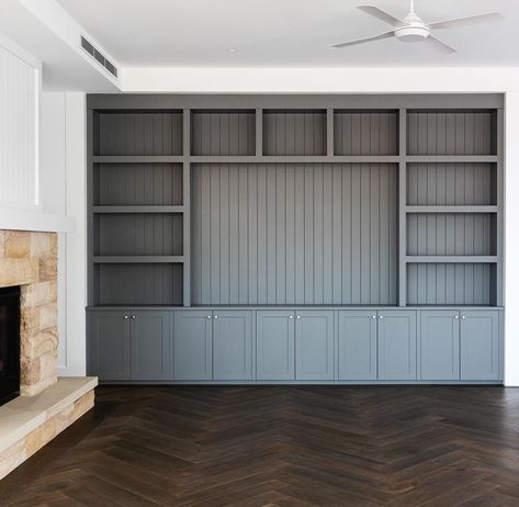 Gray Built Ins, Lounge Room Built In Cabinets, Grey Built Ins Living Room, Grey Built Ins, Living Room Wall Built Ins, Built In Cabinetry, High Ceiling Built Ins, Lounge Units Built Ins, Brown Painted Built Ins