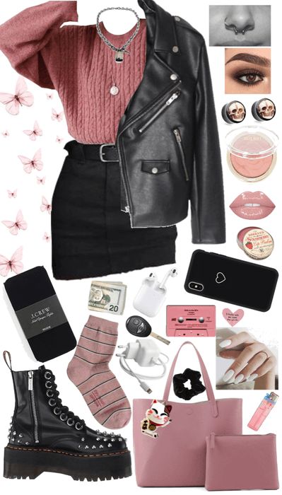 Black And Pink Outfit | ShopLook Blackpink Concert Outfit Ideas Winter, Dark Pink Aesthetic Outfit, Black Pink Outfits Inspired, Pink And Black Fall Outfits, Black Outfit Pink Accessories, Black Pink Fashion Outfit Ideas, Pink Black Outfit Ideas, Dark Pink And Black Outfit, Pink And Black Grunge Outfit