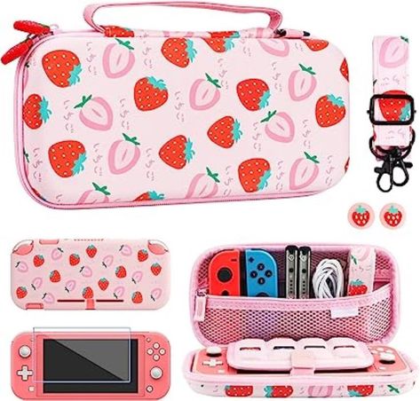 FUNDIARY Pink Carrying Case for Nintendo Switch Lite Accessories, Travel Case Bundle for Switch Lite with Soft TPU Cover, Adjustable Shoulder Strap, Screen Protector and 2 Thumb Caps - Strawberry Nintendo Switch Lite Accessories, Switch Lite Accessories, Nintendo Lite, Hello Kitty Room Decor, Nintendo Switch Case, Hello Kitty Rooms, Strawberry Decorations, Nintendo Switch Lite, Nintendo Switch Accessories