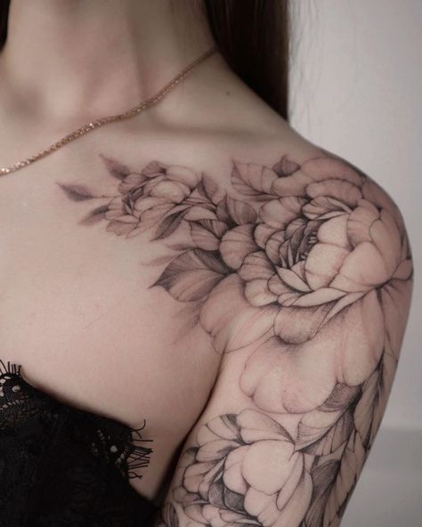 unique ʋegan tattoos on Instagram: “you prefer more peonies than my last bird 😔” Lotusblume Tattoo, Feminine Shoulder Tattoos, Unique Half Sleeve Tattoos, Floral Tattoo Shoulder, Simple Tattoos For Women, Tattoo Dotwork, Feminine Tattoo Sleeves, Tattoos For Women Half Sleeve, Flower Tattoo Shoulder