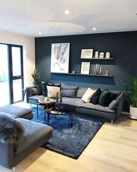 Blue Walls Living Room, Dark Blue Living Room, Grey Sofa Living Room, Navy Living Rooms, Simple Living Room Decor, Blue Living Room Decor, Elegant Living Room Design, Accent Walls In Living Room, Living Room Color Schemes