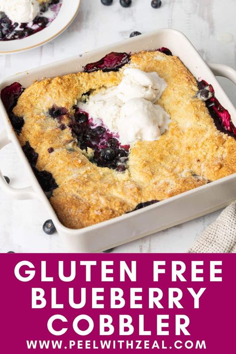 Gluten-Free Blueberry Cobbler The perfect summer dessert!  This delightful gluten-free blueberry cobbler recipe is made with a sweet blueberry filling that is seasoned with vanilla and hints of lemon. And finished with a golden brown biscuit topping. Dairy-free and vegan options too! Gluten Free Blueberry Cobbler, Gluten Free Cobbler, Blueberry Cobbler Recipes, King Arthur Gluten Free, Clean Eating Desserts, Blueberry Desserts, Blueberry Cobbler, Gluten Free Desserts Recipes, Just Bake