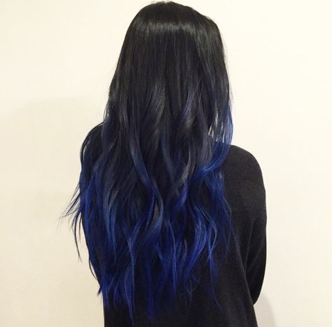 Black And Blue Balayage Hair, Underlayer Blue Hair, Black Hair With Dark Blue Balayage, Black Hair With Blue Ombre, Black To Dark Blue Hair, Black Hair With Blue Highlights Long, Black Hair W Blue Highlights, Dark Electric Blue Hair, Blue Black Long Hair