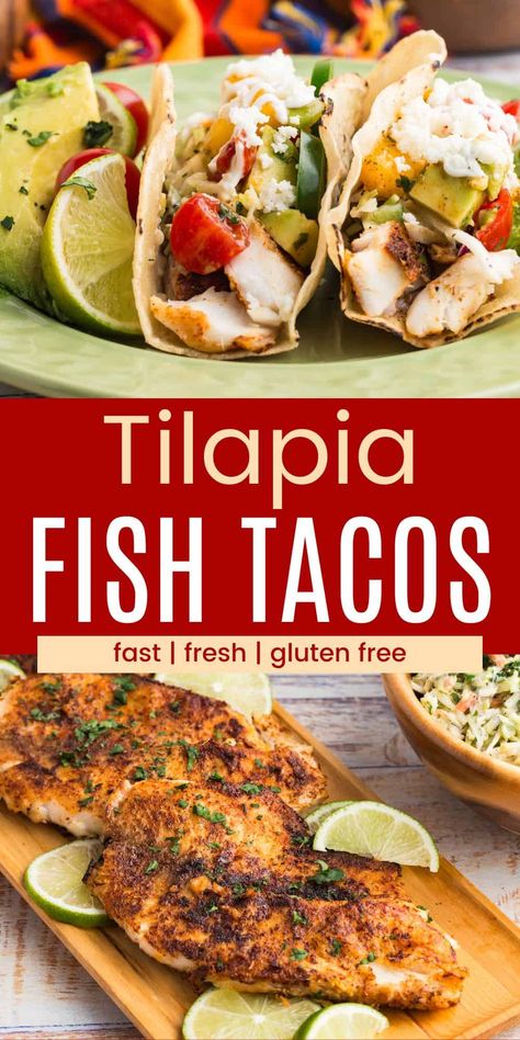 Fresh and fast Tilapia Fish Tacos feature flaky, lightly spiced fish with a squeeze of lime juice wrapped up in warmed corn tortillas. Top with all your favorite taco toppings for a flavorful naturally gluten free meal! Tilapia Fish Tacos, Clean Eating Fish, Gluten Free Mexican, Fish Tacos Tilapia, Baked Tilapia Recipes, Tilapia Tacos, Fish Taco Sauce, Easy Fish Tacos, Taco Toppings