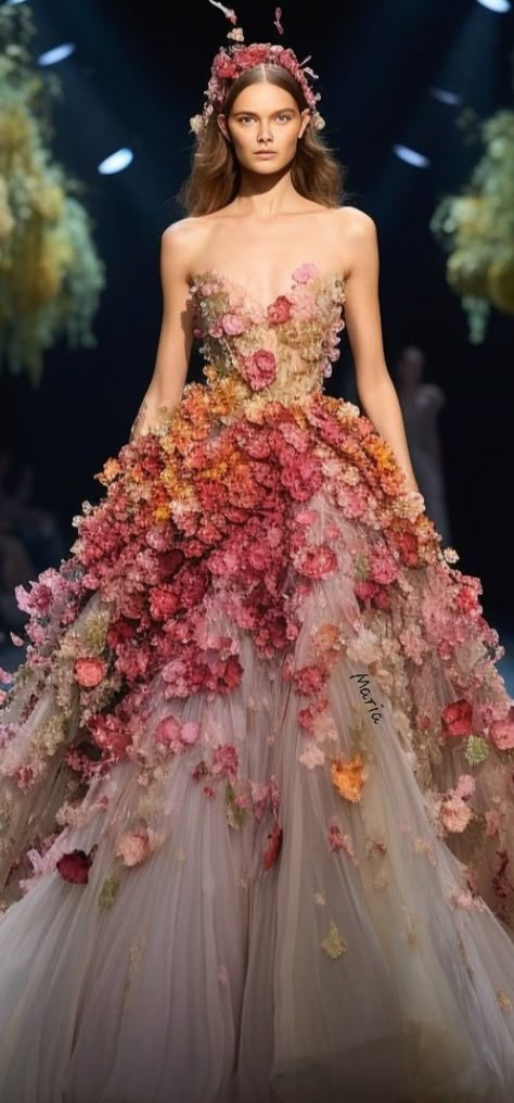 Floral Evening Gown Haute Couture, Floral Gown Aesthetic, Floral Fashion Aesthetic, Floral Fashion Runway, Cottagecore Ballgown, Floral Haute Couture, Premier Dresses, Recycled Gown, Flower Ball Gown