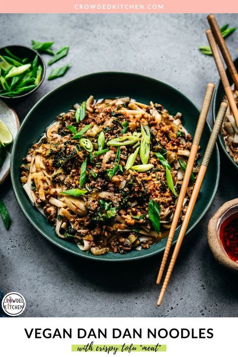 These Vegan Dan Dan Noodles with a crispy, caramelized tofu-mushroom-walnut “meat” are heavenly. Served in a spicy, broth-y sauce over rice noodles with boy choy and green onion, I can’t imagine a better weeknight dinner! Boy Choy, Dan Dan Noodles Recipe, Sauce Over Rice, Chinese Noodle Dishes, Crowded Kitchen, Tofu Noodles, Dan Dan Noodles, Cauliflower Fried Rice, Spicy Peanuts