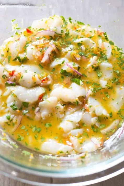 Ceviche Recipe Fish, Scallop Ceviche Recipe, Best Ceviche Recipe, Summer Ceviche, Ceviche Ingredients, Texas Recipes, Scallop Ceviche, Ceviche Recipe, Urban Cowgirl