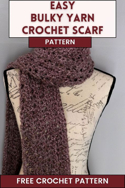 This rustic crochet scarf pattern uses bulky yarn and the half double crochet stitch to create a beautiful rustic looking scarf. This easy crochet scarf pattern is quick to stitch up and you will have a new handmade scarf in no time with this easy crochet scarf pattern. Super Bulky Yarn Crochet Scarf Pattern Free, Bulky Yarn Crochet Scarf, Bulky Crochet Scarf, Neck Scarf Crochet, Chunky Scarf Crochet Pattern, Crochet Neck Scarf, Chunky Scarf Pattern, Crochet Scarf Pattern Free Easy, Crochet Blanket Scarf