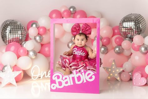 Hot pink barbie cake smash Barbie Cake Smash, Baby Barbie Photoshoot, Pink Barbie Cake, Barbie Photoshoot, Hot Pink Barbie, Baby Barbie, Barbie Box, Twin First Birthday, Simple Acrylic