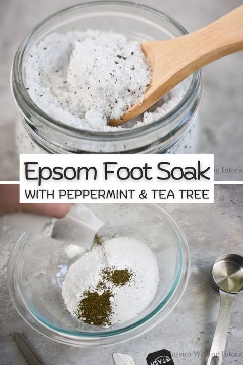 DIY Homemade Epsom Salt Foot Soak Epsom Salt Scrub Diy, Homemade Epsom Salt, Peppermint Foot Soak, Detox Foot Soak, Epsom Salt Foot Soak, Homemade Foot Soaks, Foot Detox Soak, Epsom Salt Scrub, Salt Scrub Diy