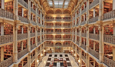 20 Beautiful Libraries Around the World We'd Love to Get Stuck In Peabody Library, Dream Library, Beautiful Library, Library Aesthetic, Abandoned Castles, Central Library, Boston Public Library, Huge Windows, Abandoned Mansions