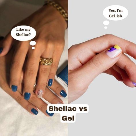 shellac vs gel nails Shellac Vs Gel Nails, Gel Vs Shellac, Gel Vs Acrylic, Bio Gel Nails, Shellac Nail Polish, Types Of Manicures, Shellac Manicure, Sculptured Nails, Gel Overlay