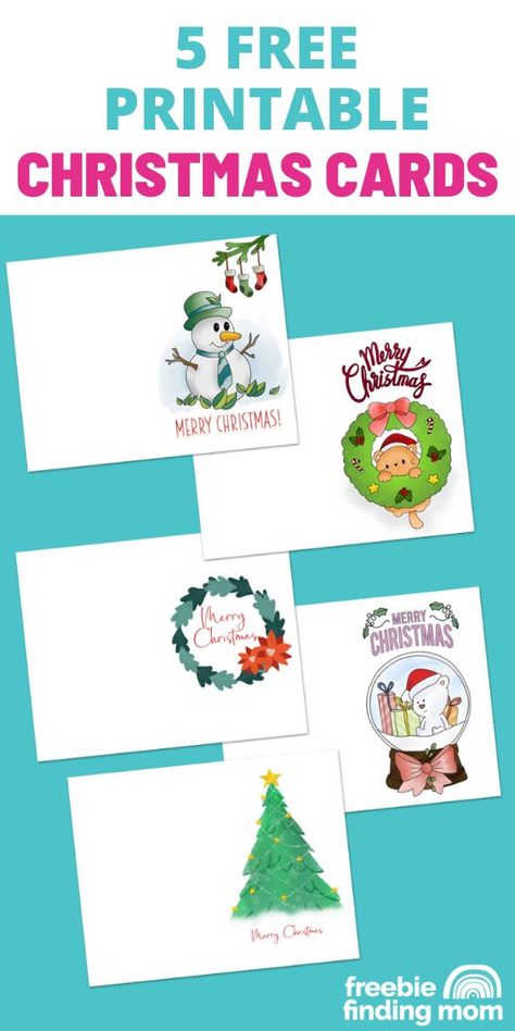 These are five free printable Christmas cards that include an adorable snowman, a cat hanging onto to a wreath, a cute bear in a snow globe, a beautiful Christmas tree, and a pretty wreath. Free Printable Christmas Thank You Cards, Free Printable Christmas Cards For Kids, Christmas Cards To Make Free Printable, Christmas Card Printable Free, Christmas Cards Printable Free, Christmas Card Templates Free Printable, Free Christmas Card Template, Printable Christmas Cards For Kids, Christmas Cards Free Printable