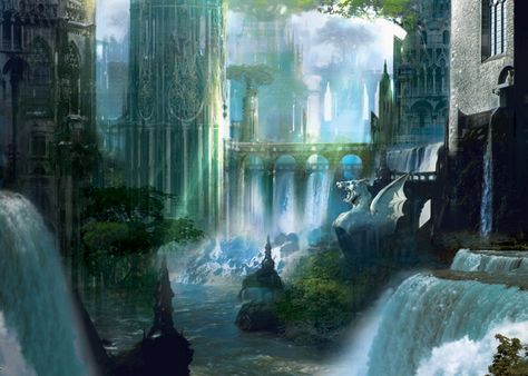 Elven City, Fantasy Tree, Mtg Art, Fantasy City, Fantasy Setting, Fantasy Places, Medieval Fantasy, Fantasy Landscape, Magic The Gathering