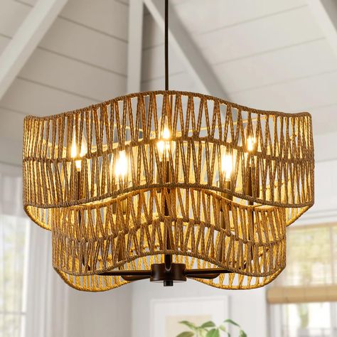 PRICES MAY VARY. 【5-Light Large Farmhouse Chandelier】Dining room light fixture is supported by a sturdy black painted metal frame surrounded by a hand-woven, double-layered rattan wavy shade to infuse your room with a natural bohemian feel. 5 Lights will bring you plenty of light, create a cosy and warm vibe, and enhance your sense of well-being. 【Large Dimension & Adjustable Cord】Dining room chandelier size：D 19.68" x H 11.02". The 43.30" cord provides enough length, you can adjust the hanging Large Farmhouse Chandelier, Farmhouse Chandelier Dining Room, Farmhouse Chandelier Dining Rooms, Light Fixture Farmhouse, Rattan Light Fixture, Boho Chandelier, Chandeliers For Dining Room, Dining Room Light Fixture, Rattan Chandelier