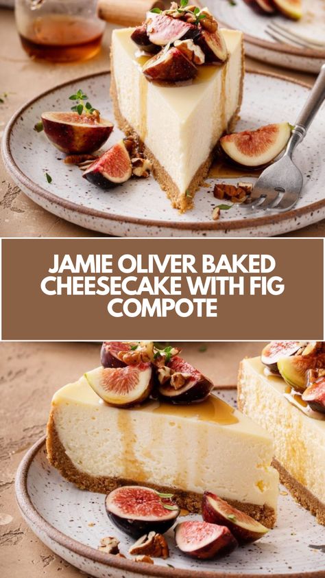 Jamie Oliver’s Baked Cheesecake With Fig Compote features ingredients like olive oil, icing sugar, cream cheese, vanilla bean paste, eggs, plain flour, light brown sugar, Marsala wine, vanilla bean, figs, and clementines. It takes 275 minutes to make and serves 12. Fig Cheesecake, Fig Dessert, Vanilla Bean Paste, Fig Compote, Baked Cheesecake, Bean Pods, Jamie Oliver Recipes, Marsala Wine, Icing Sugar