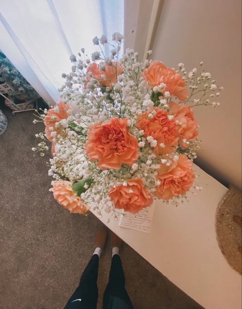 Carnation Flower Bouquet Wedding, Orange Carnation Flower, Carnation Wedding, Carnation Bouquet, Daisy Bouquet, Pink Carnations, Baby S Breath, Carnation Flower, Favorite Flowers