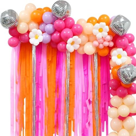 Groovy Balloon Arch, Groovy Party Decorations, Daisy Balloon Garland, Disco Theme Party, Groovy Party, Orange Party, Disco Theme, Fringe Backdrops, Balloon Chain