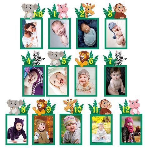 12 Month Photo Display, Safari Bebe, Photo Banner First Birthday, Photo Centerpieces, Girls First Birthday Cake, Jungle Theme Birthday Party, Mermaid Birthday Decorations, Baby Decorations, Banner For Birthday