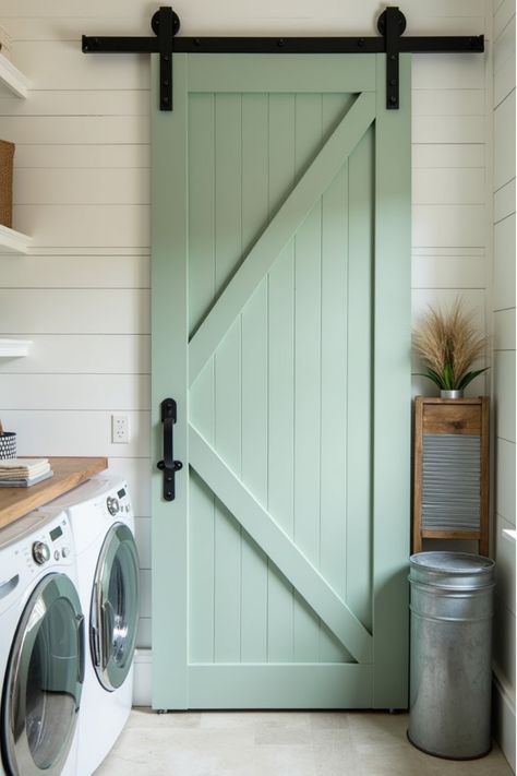 Farmhouse laundry room with sage green shiplap walls and barn door Sage Green Shiplap, Sage Laundry Room, Sage Green Laundry Room, Green Barn Door, Laundry Room Color Ideas, Green Shiplap, Laundry Room Color, Laundry Room Colors, Room Color Ideas