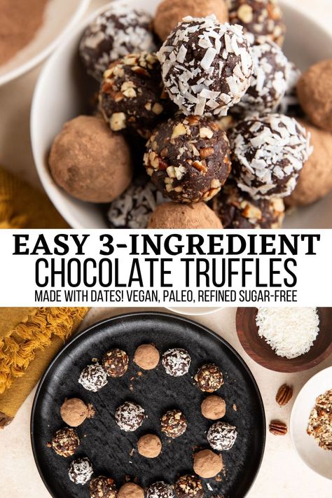 Easy chocolate truffles made with three basic ingredients: Medjool dates, cocoa powder, and coconut oil. This quick and easy truffle recipe is naturally sweetened with dates, vegan, and dairy-free. #vegan #paleo Easy Truffle Recipe, Veg Desserts, Healthy Truffles, Desserts With Dates, Truffle Dessert, Date Truffles, Easy Chocolate Truffles, Truffle Recipe Easy, Vegan Chocolate Truffles