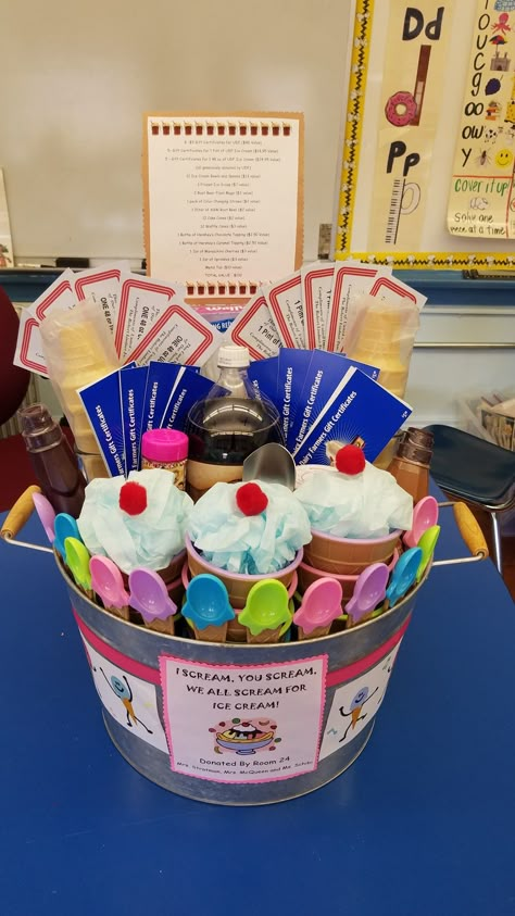 Ice cream fundraiser basket Ice Cream Raffle Basket Ideas, Ice Cream Basket Ideas, Candy Raffle Basket Ideas, Ice Cream Basket, Benefit Basket Ideas Fundraising, Ice Cream Auction Basket, Auction Baskets Ideas, Fundraiser Gift Basket Ideas, Ice Cream Sundae Raffle Basket