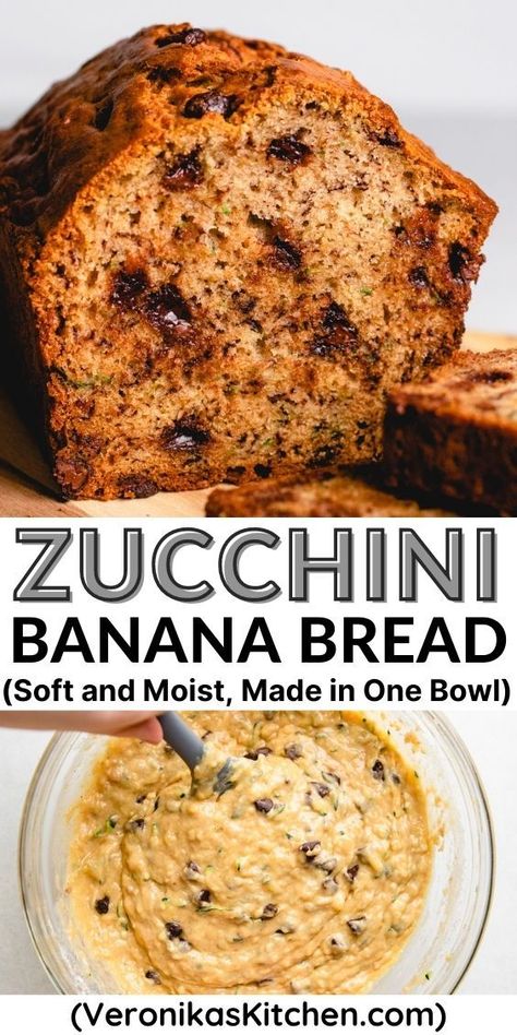 Top photo: Sliced banana zucchini bread. Bottom photo: Mixing batter for banana zucchini bread. Banana Zucchini Bread, Banana Zucchini, Zucchini Banana, Zucchini Banana Bread, Bread Soft, Zucchini Bread Recipes, Banana Nut Bread, Quick Bread Recipes, Zucchini Bread