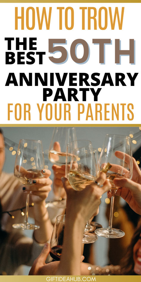 Discover some of the best 50th wedding anniversary party ideas for your parents - plan the perfect party with these ideas and tips! 50 Anniversary Party Ideas For Parents, Cheap 50th Anniversary Party Ideas, Fiftieth Anniversary Party Ideas, Golden Wedding Ideas 50th Anniversary Gold Party, 50th Anniversary Sign In Ideas, Parent Anniversary Party Ideas, 5oth Anniversary Party Ideas, Simple Anniversary Party Ideas, Anniversary Party Planning Checklist