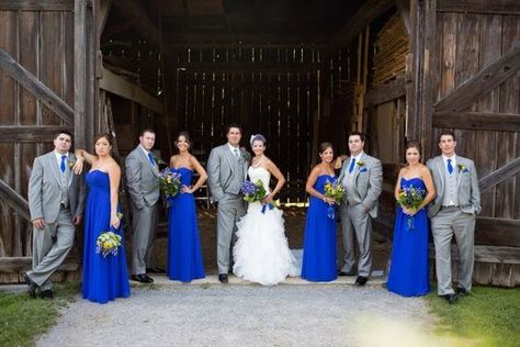 Bright Royal Blue and Metallic Silver Winter Wedding Color Ideas - ColorsBridesmaid Silver Winter Wedding, Royal Blue Wedding Theme, Royal Blue Bridesmaids, Grey Suits, Royal Blue Bridesmaid Dresses, Gray Flower, Winter Wedding Colors, Royal Blue Wedding, Blue Themed Wedding