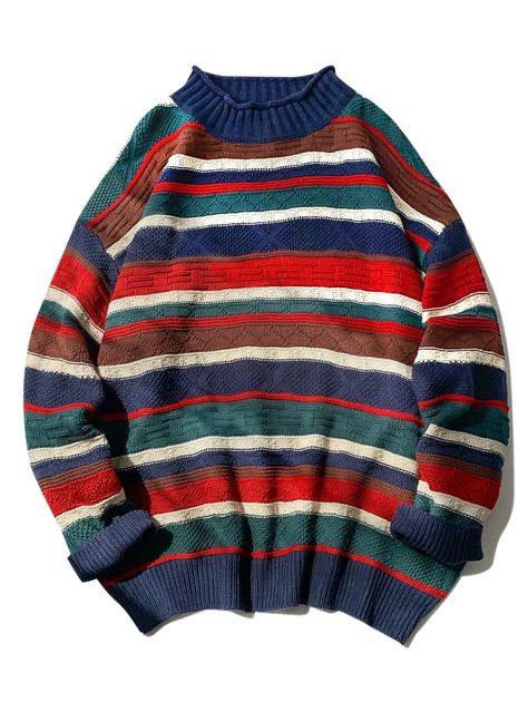 Striped Rolled Mock Neck Drop Shoulder Sweater  APRICOT CADETBLUE , #Ad, #Mock, #Neck, #Striped, #Rolled, #Drop #Ad Cardigans For Men, Apricot Sweater, Accessories Goth, Drop Shoulder Sweater, Style Sweaters, Communication Methods, Sweaters And Cardigans, Men's Cardigan, Drop Shoulder Sweaters