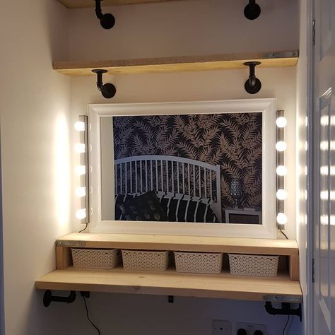 Dressing table and shelves made from scaffhold boards Alcove Vanity Bedroom, Scaffold Board Dressing Table, Fold Down Dressing Table, Double Dressing Table, Alcove Dressing Table Ideas, Alcove Dressing Table, Diy Dressing Table Ideas, Makeup Cupboard, Scaffolding Furniture