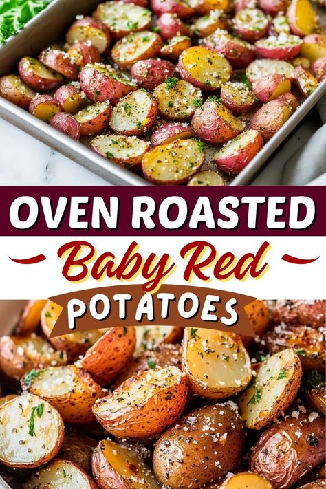 These oven-roasted baby red potatoes will be an instant hit! With flavor from Italian seasoning, garlic, dill, and Parmesan cheese, they're irresistible! Red Potatoes Oven, Red Skin Potatoes Recipe, Roasted Red Skin Potatoes, Roasted Baby Red Potatoes, Red Potatoes Recipe, Baked Red Potatoes, Oven Roasted Red Potatoes, Cooking Red Potatoes, Baby Potato Recipes