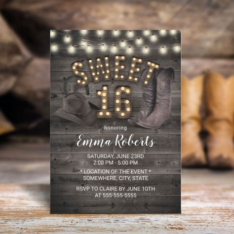 Western Sweet 16, Country Sweet 16, Country Invitations, Sweet Sixteen Birthday Party Ideas, 16 Invitations, Wood Invitation, 16th Birthday Invitations, Party Barn, Birthday Cheers