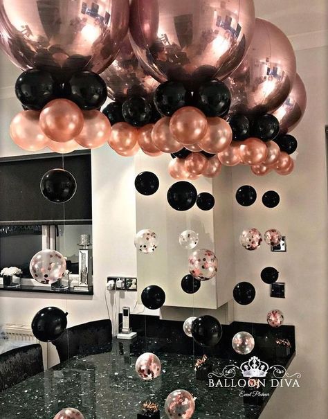 #diy #birthday #decorations #diybirthdaydecorations Rose gold Orbs & Black Black Centerpieces, Rose Gold Party Decor, Sweet 16 Decorations, Bday Party Theme, Rose Gold Balloons, 13th Birthday Parties, Gold Birthday Party, Rose Gold Party, Sweet 16 Birthday Party