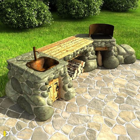 Outdoor Brick Kitchen, Brick Kitchen Ideas, Stone Barbecue, Barbecue Table, Pallet Patio Furniture Diy, Stone Bbq, Kids Backyard Playground, Barbecue Pit, Diy Grill