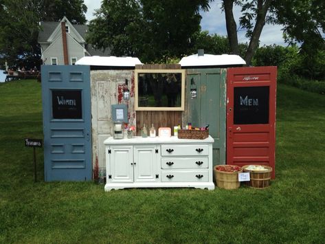 How to Class Up a Porta Potty for Your Outdoor Wedding Porta Potty Wedding, Porta Potty Ideas, Wedding Restroom, Farm Dinner, Porta Potty, Patio Entertaining, Cider Press, Wedding Bathroom, Diy Outdoor Weddings