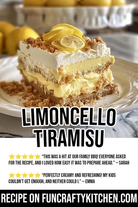 Limoncello Tiramisu - FunCraftyKitchen Lemon Holiday Desserts, Lemon Tarimasu, Lemon Cello Tiramisu, Lemoncello Tirimasu, Limoncello Tiramisu Recipe, Olive Garden Tiramisu Recipe, Tiramisu Flavors, Lemoncello Dessert, Limoncello Desserts