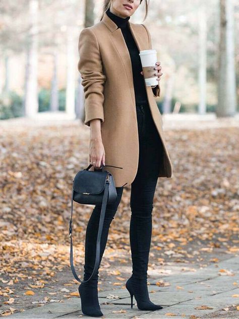 Vorioal Fashion Khaki Coat Elegant Fall Outfits, Khaki Coat, Stand Collar Coat, Straight Clothes, Elegant Coats, Fashion Office, Elegant Fall, Stylish Coat, Collar Coat