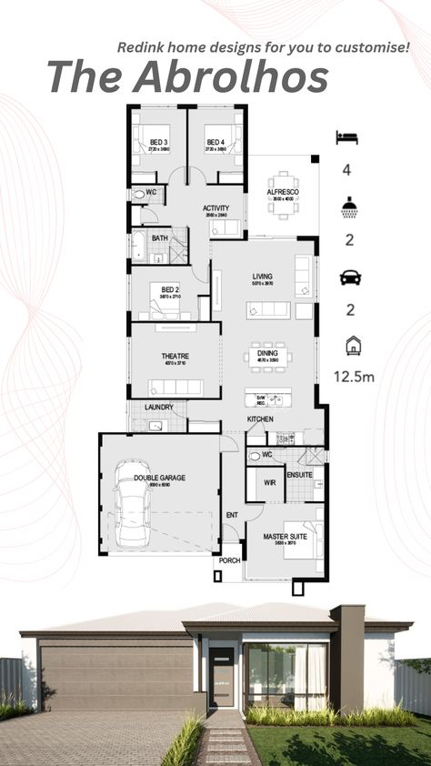 Suited to blocks with a minimum 12.5m frontage, families with growing kids will love how entertainment-packed this home is. Kids can play to their hearts content in their own activity room, and the dedicated home theatre makes movie nights together feel extra special. Activity Room, Home Design Floor Plans, Home Theatre, Movie Nights, Floor Plan Design, Home Theater, Movie Night, Floor Plan, Bathrooms