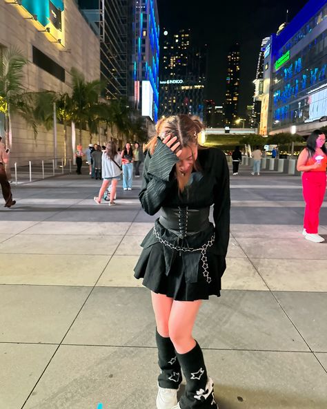 lookin so lavish 😎 💫 ⋆ ˚｡⋆୨୧˚ outfit details black top: @yesstyle (RACHELXOXO2) corset: @yesstyle (RACHELXOXO2) star belt: @brandymelvilleusa black skirt: @thredup leg warmers: @yesstyle (RACHELXOXO2) shoes: @princesspollyboutique star clips: @amazon (linked on my storefront) #xg #concertideas #concert #cgcobcert #kpop #kpopconcert Shoes With Leg Warmers, Outfit Leg Warmers, Black Leather Skirt Outfit, Star Clips, Star Belt, Black Leather Skirt, Black Skirt, Outfit Details, Black Top