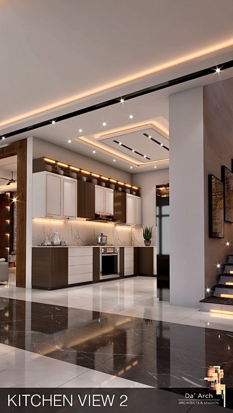 Lounge with kitchen and stair case on Behance Kitchen Room Ceiling Design, Kitchen Interior Ceiling Design, Luxury Ceiling Design Kitchen, Kitchen Ceiling Design Modern Luxury, Duplex House False Ceiling Design, Modern Kitchen Ceiling Design, Kitchen Ceiling Design Modern, Hall Decorations Ideas, Kitchen Ceiling Design Modern Interiors